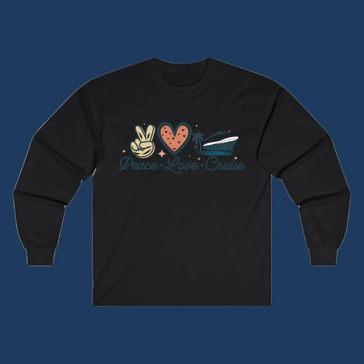 Retro peace love cruise design with peace sign, heart, and ship illustration on gray background