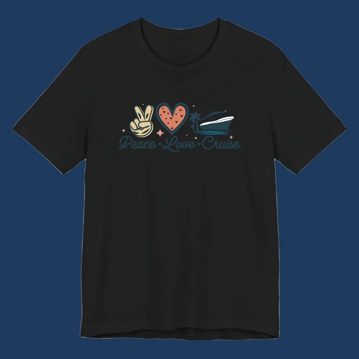 Retro peace love cruise design with peace sign, heart, and ship illustration on gray background