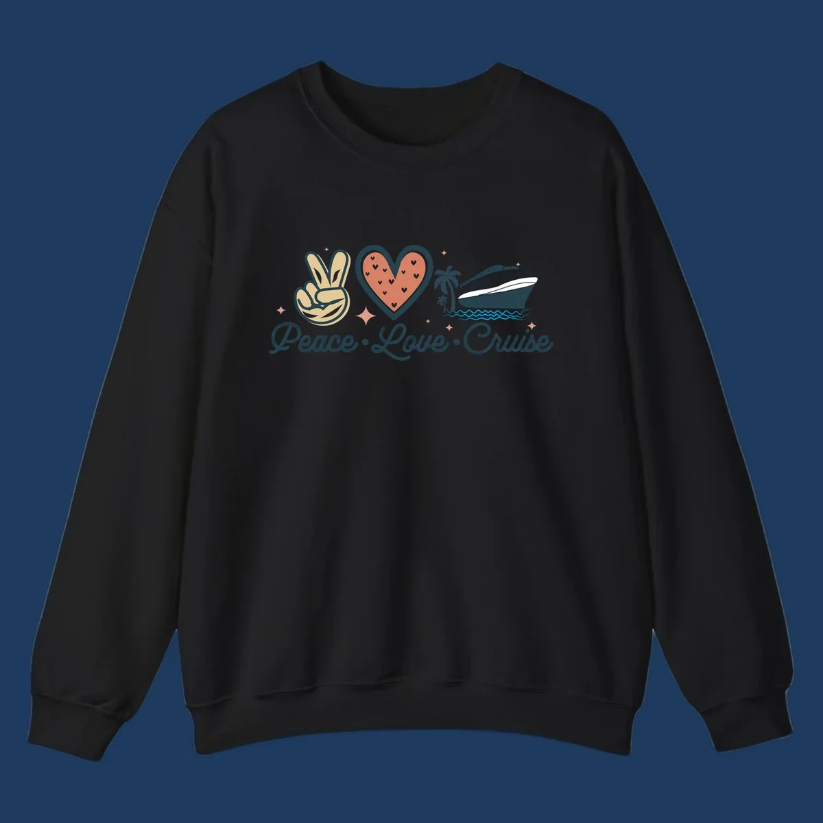 Retro peace love cruise design with peace sign, heart, and ship illustration on gray background