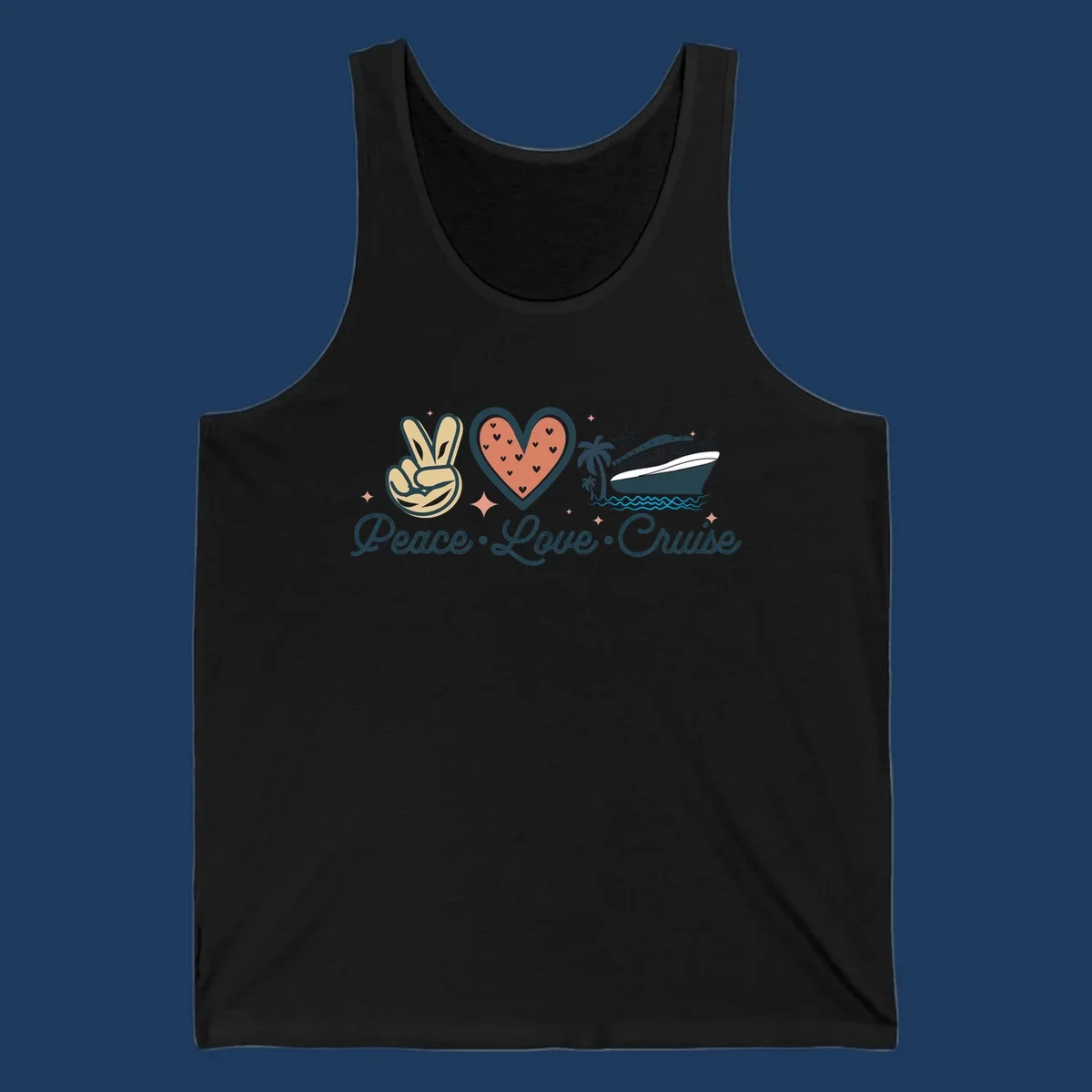 Retro peace love cruise design with peace sign, heart, and ship illustration on gray background