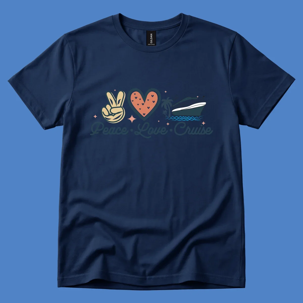 Retro peace love cruise design with peace sign, heart, and ship illustration on gray background