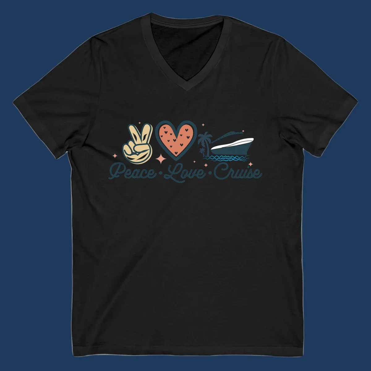 Retro peace love cruise design with peace sign, heart, and ship illustration on gray background