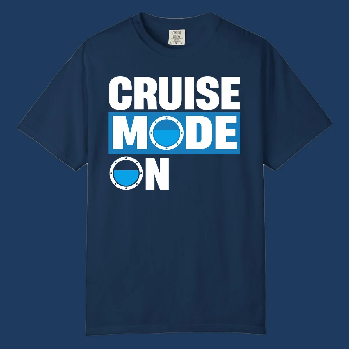 Cruise mode on design with porthole window and water effect on blue and gray background
