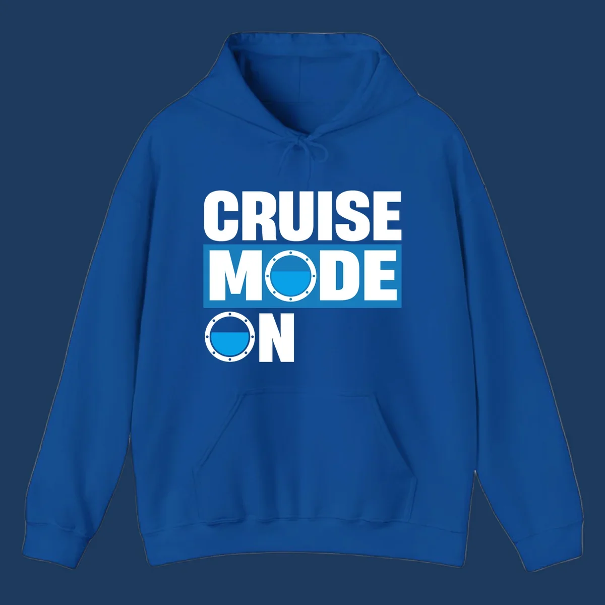 Cruise mode on design with porthole window and water effect on blue and gray background