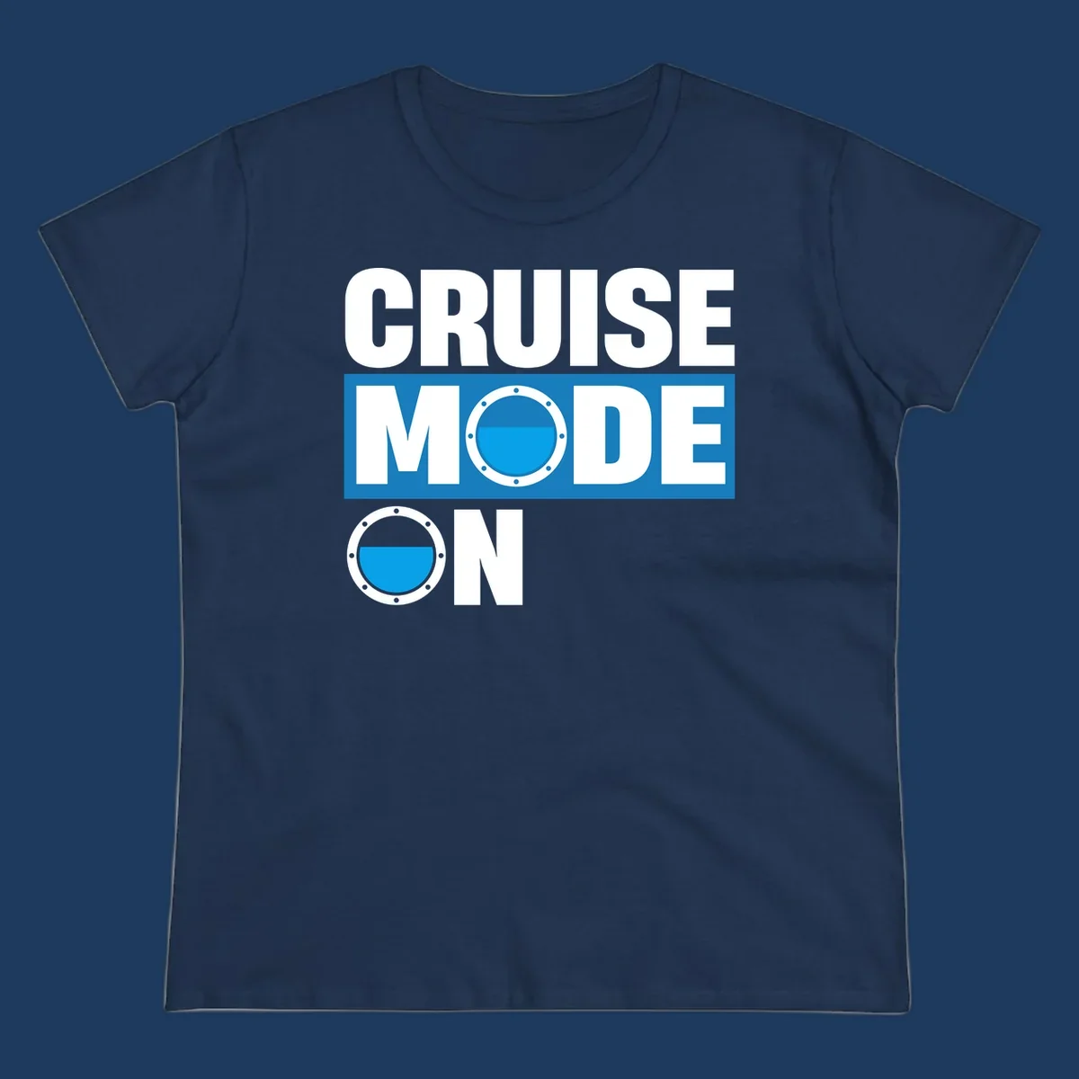 Cruise mode on design with porthole window and water effect on blue and gray background