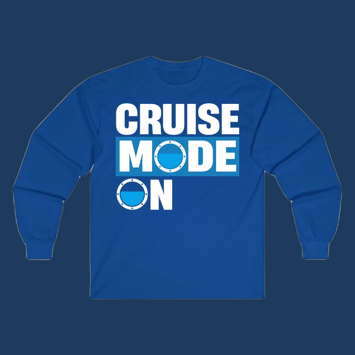 Cruise mode on design with porthole window and water effect on blue and gray background