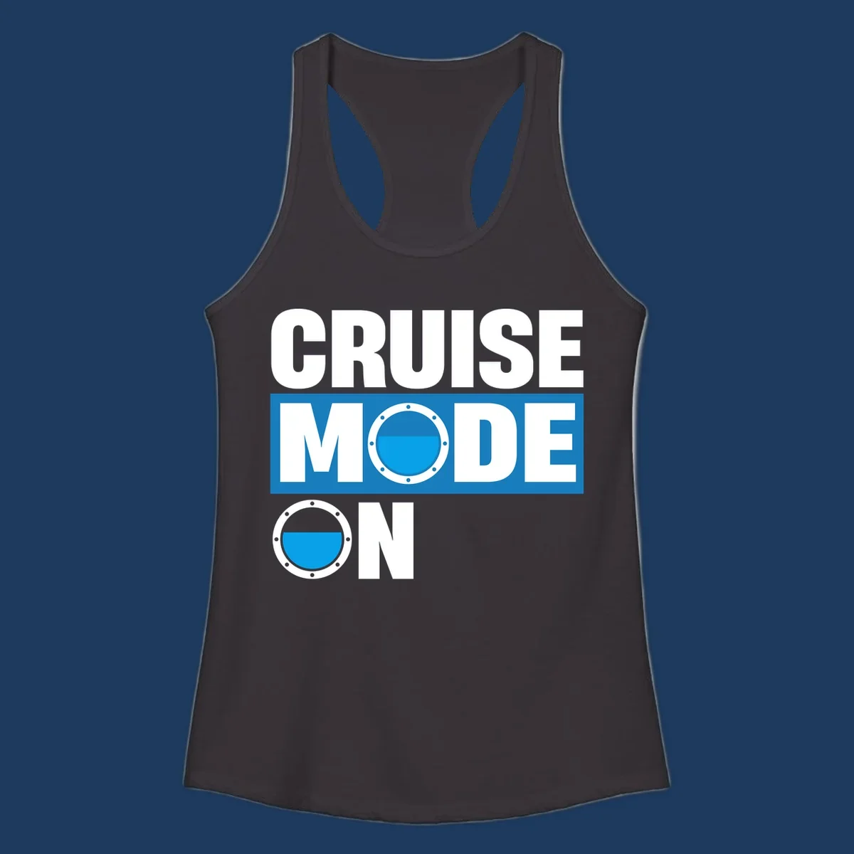 Cruise mode on design with porthole window and water effect on blue and gray background