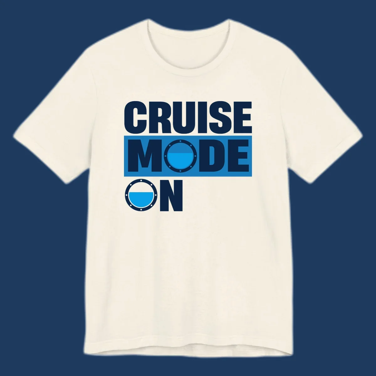 Cruise mode on design with porthole window and water effect on blue and gray background