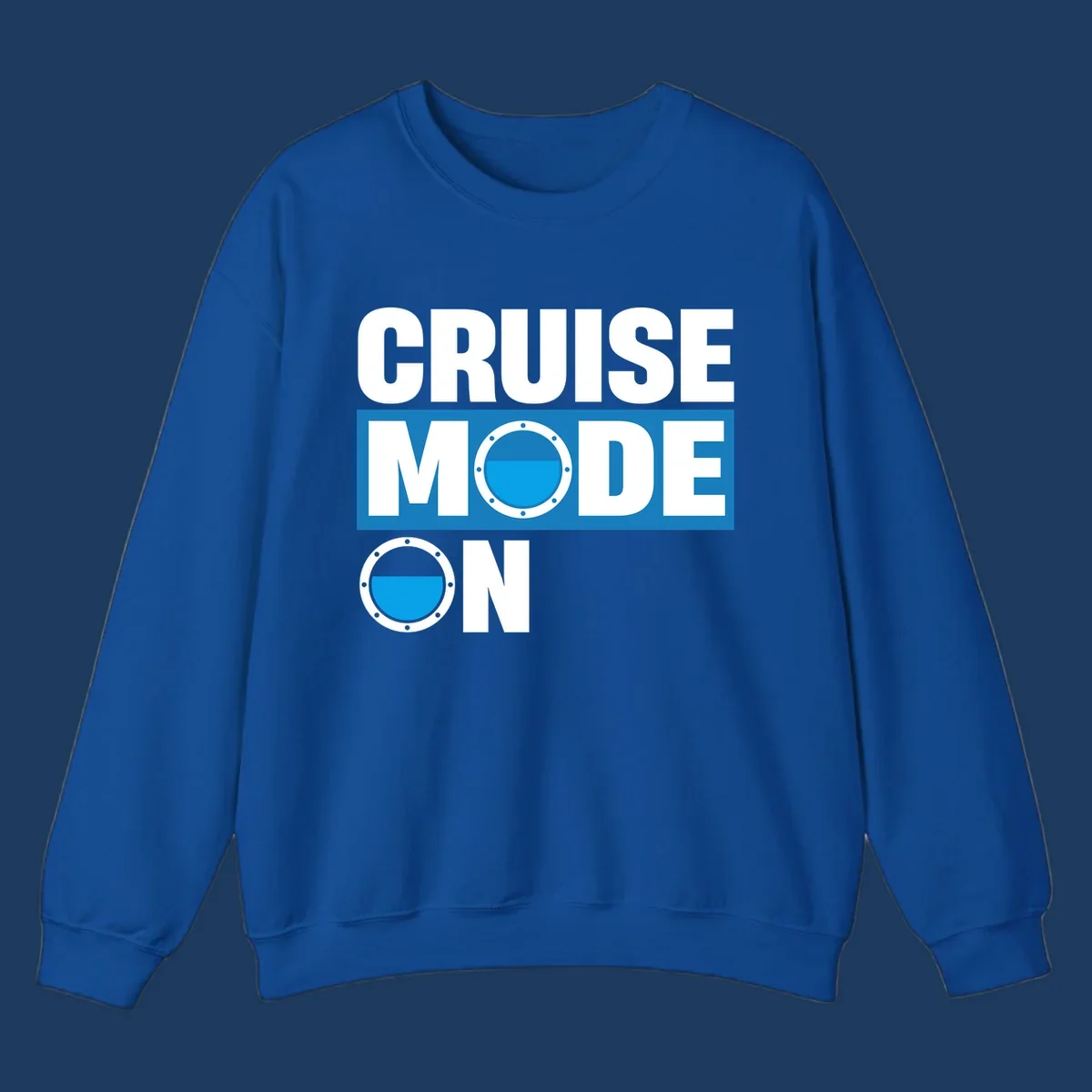 Cruise mode on design with porthole window and water effect on blue and gray background