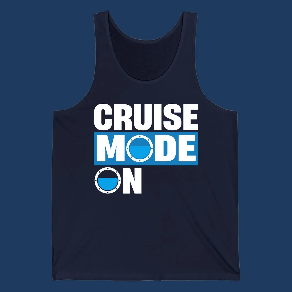 Cruise mode on design with porthole window and water effect on blue and gray background