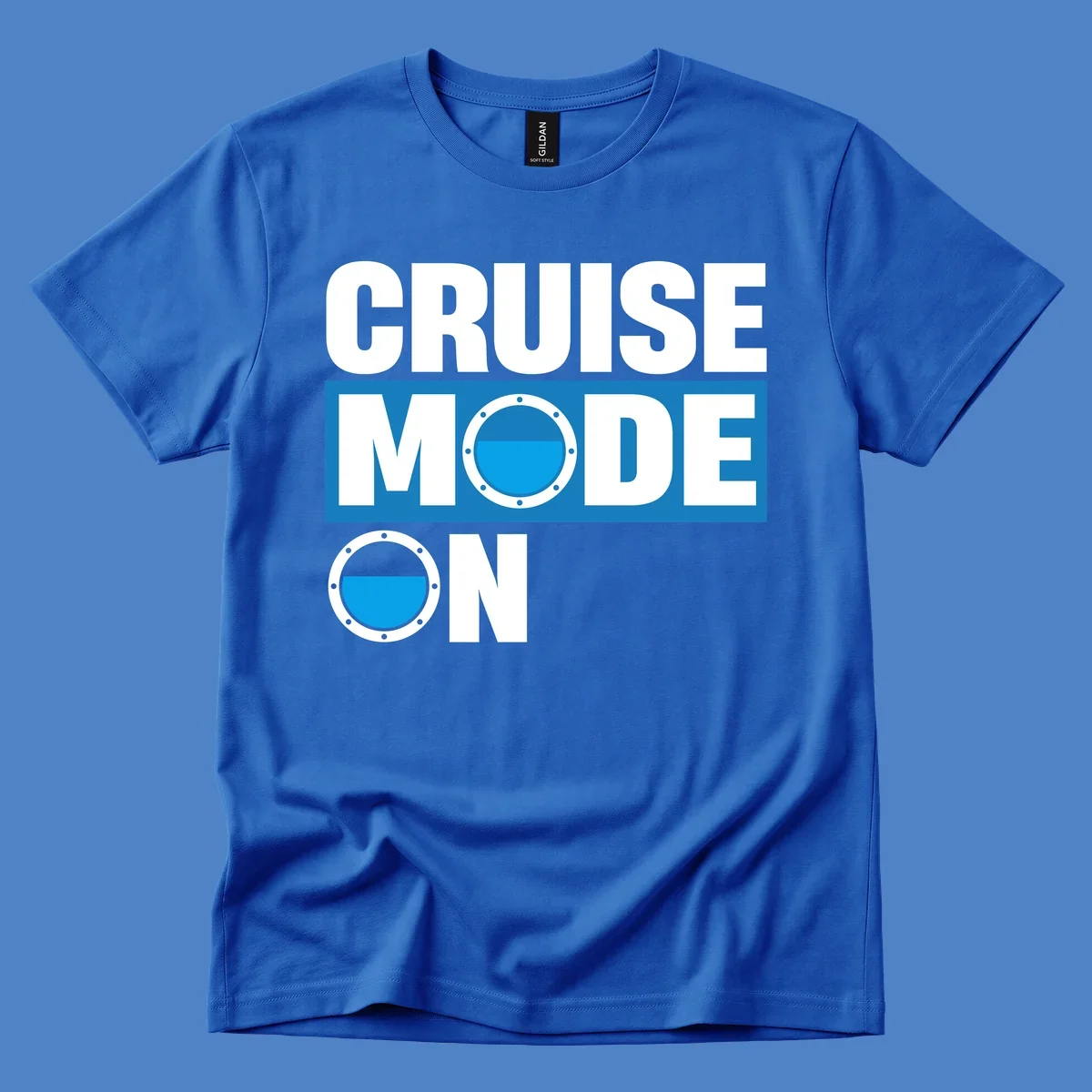 Cruise mode on design with porthole window and water effect on blue and gray background