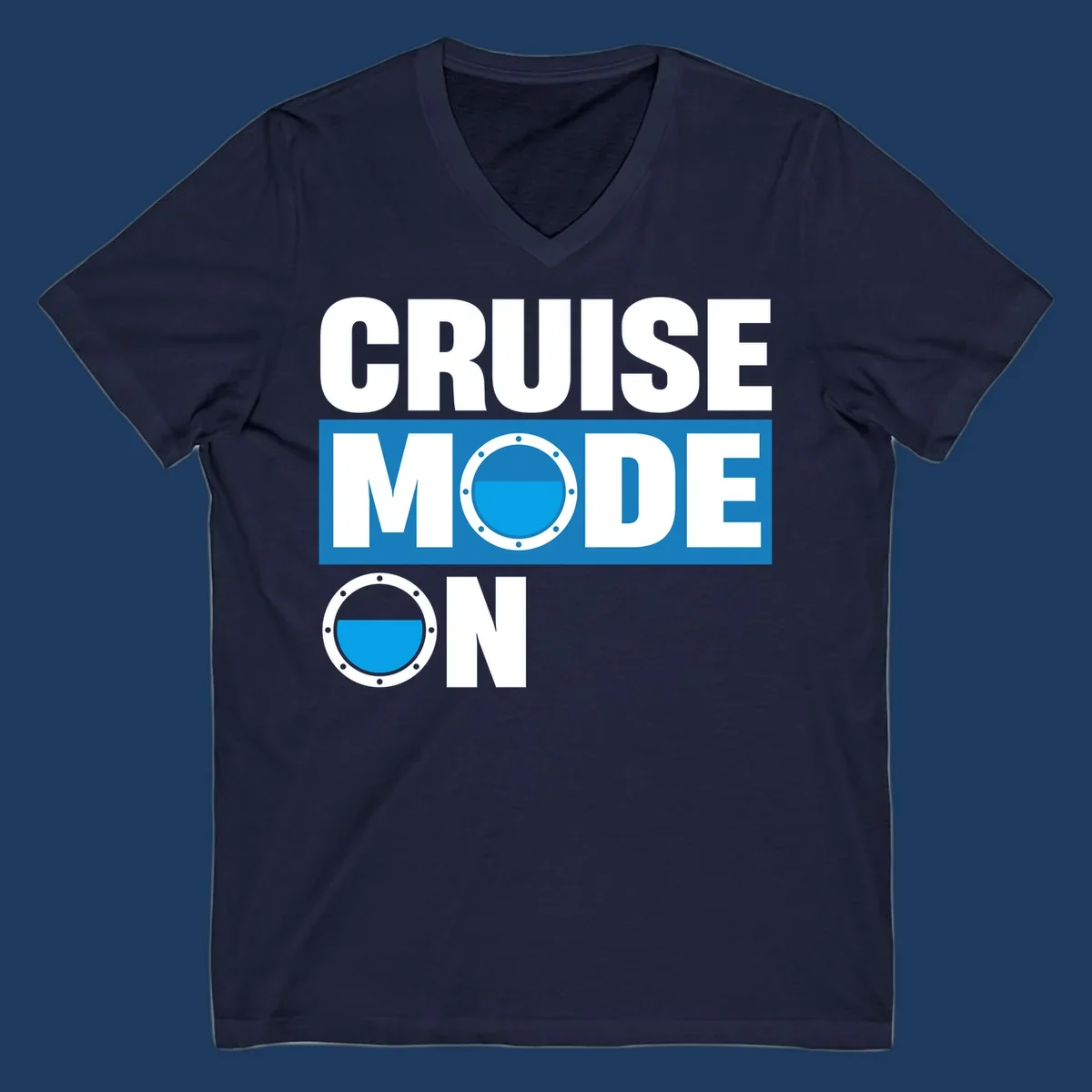 Cruise mode on design with porthole window and water effect on blue and gray background