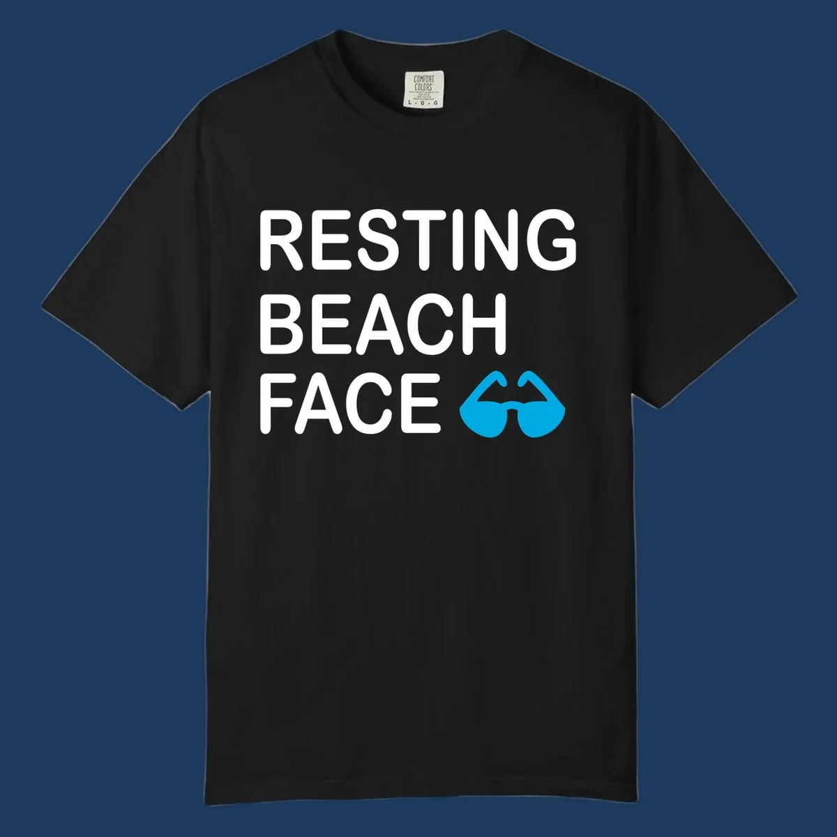 White text reading 'RESTING BEACH FACE' with a blue mustache graphic on gray background