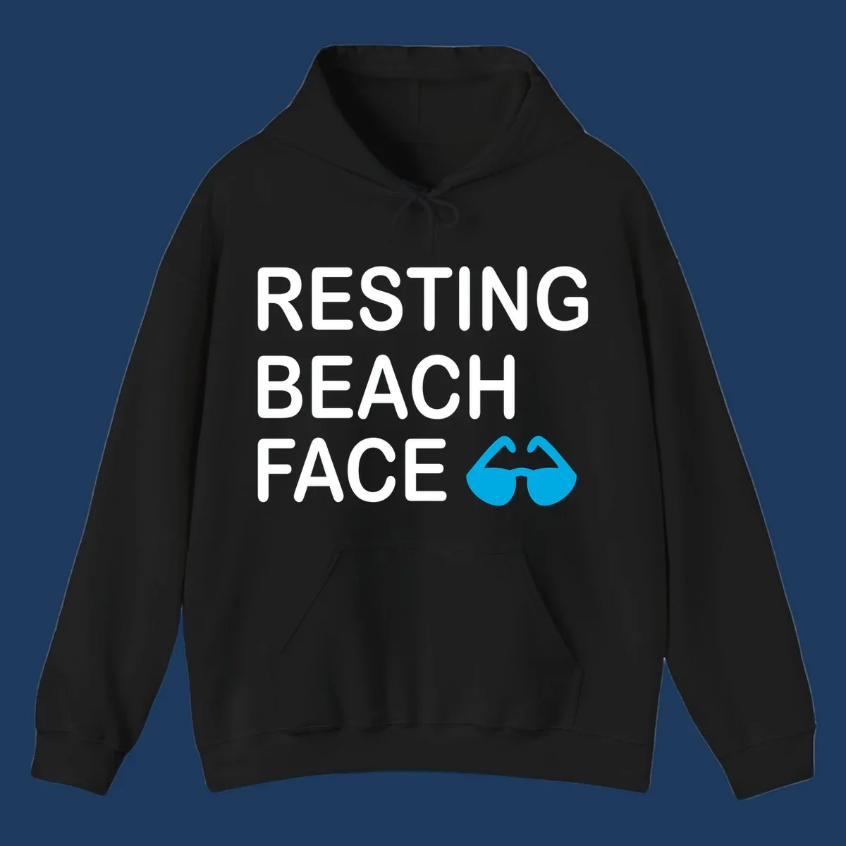 White text reading 'RESTING BEACH FACE' with a blue mustache graphic on gray background