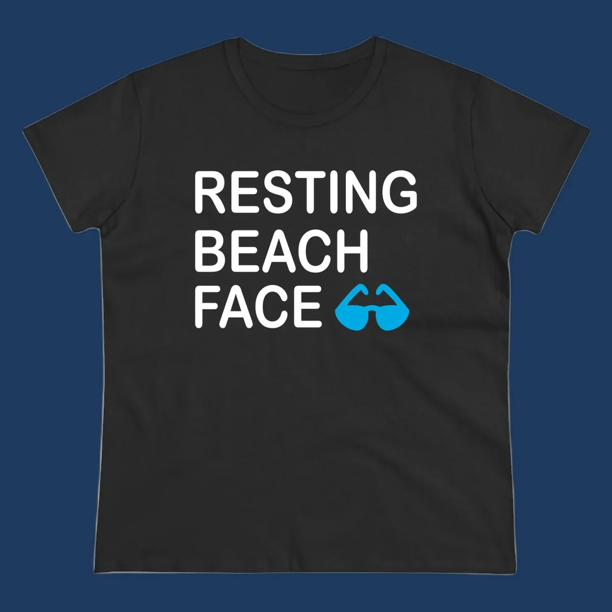 White text reading 'RESTING BEACH FACE' with a blue mustache graphic on gray background