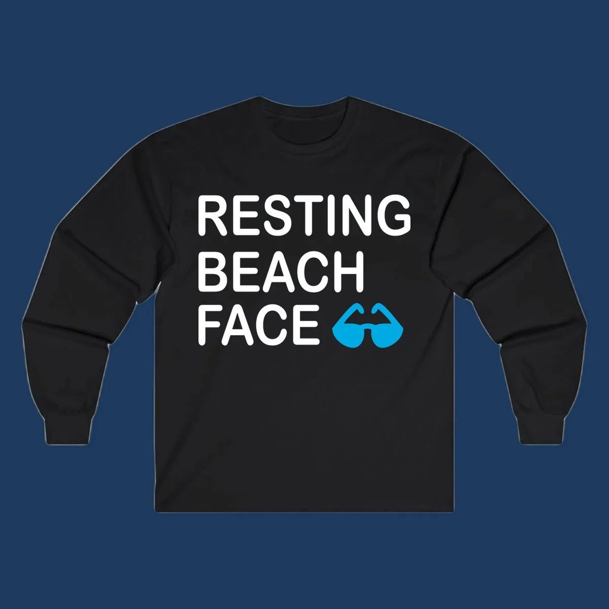 White text reading 'RESTING BEACH FACE' with a blue mustache graphic on gray background