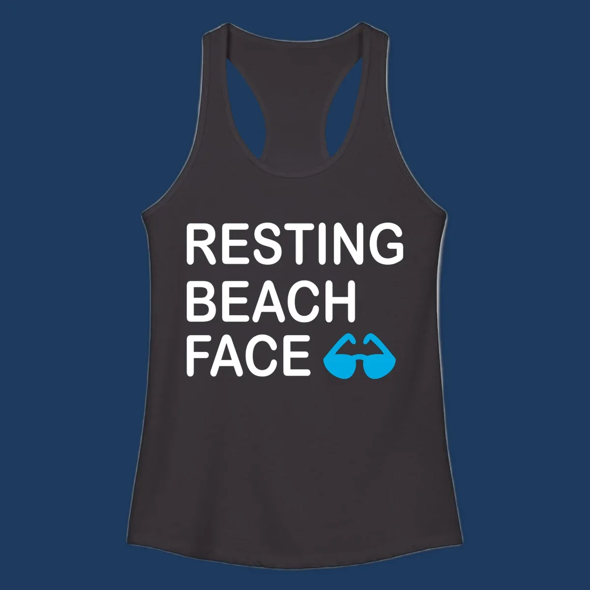 White text reading 'RESTING BEACH FACE' with a blue mustache graphic on gray background