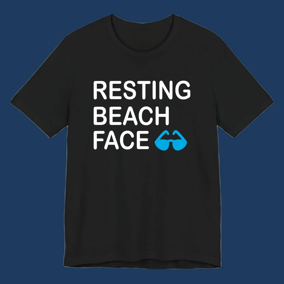 White text reading 'RESTING BEACH FACE' with a blue mustache graphic on gray background