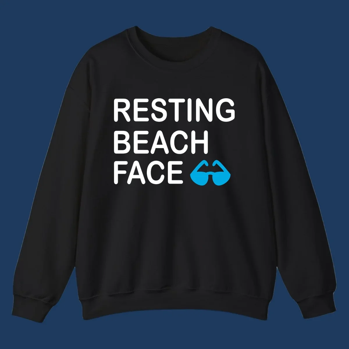 White text reading 'RESTING BEACH FACE' with a blue mustache graphic on gray background