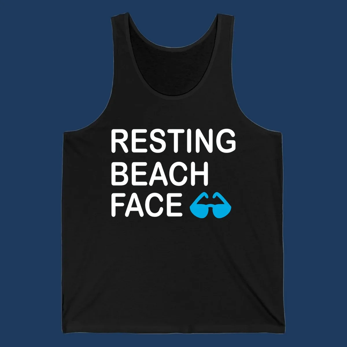 White text reading 'RESTING BEACH FACE' with a blue mustache graphic on gray background
