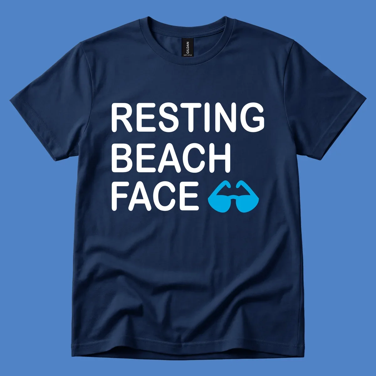 White text reading 'RESTING BEACH FACE' with a blue mustache graphic on gray background