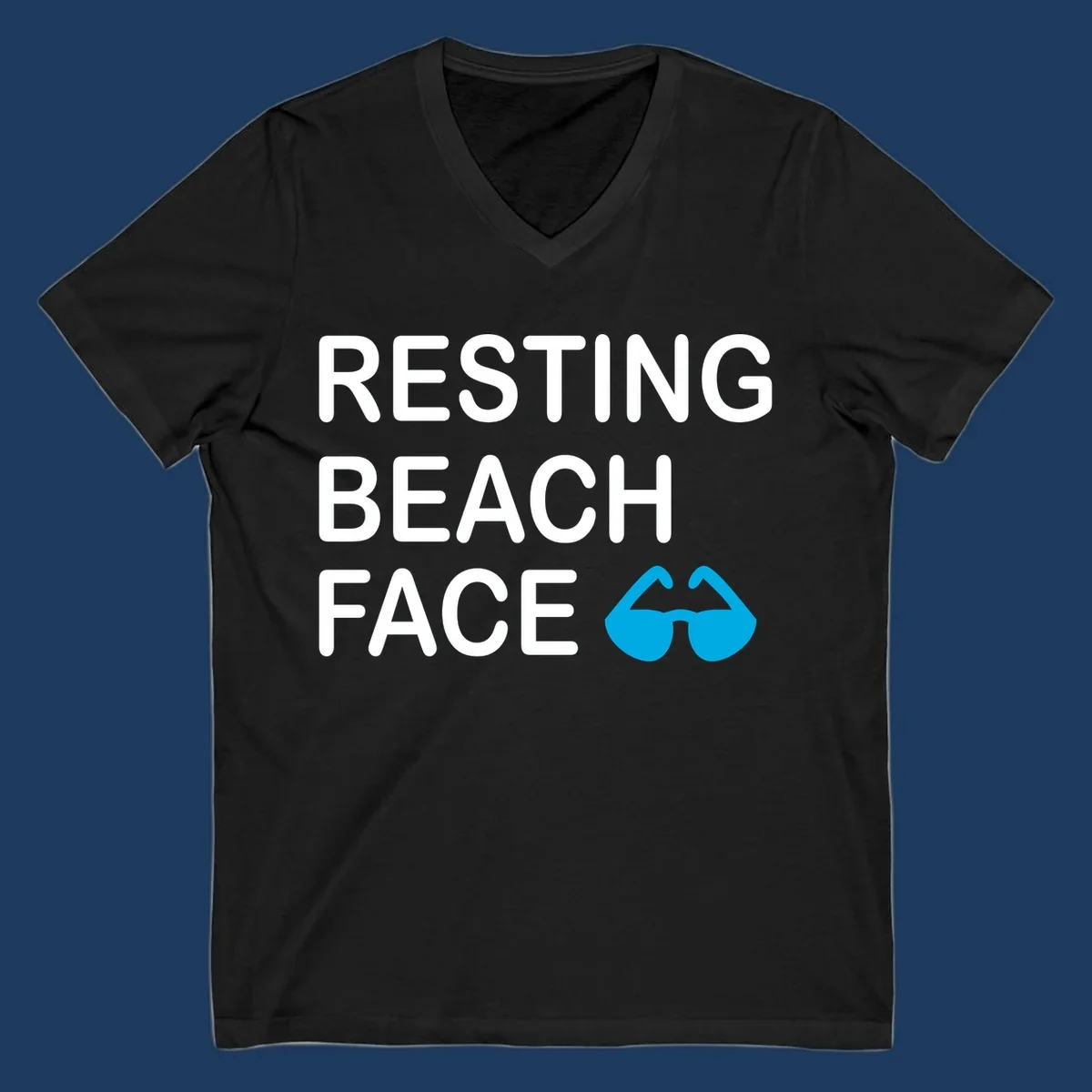 White text reading 'RESTING BEACH FACE' with a blue mustache graphic on gray background