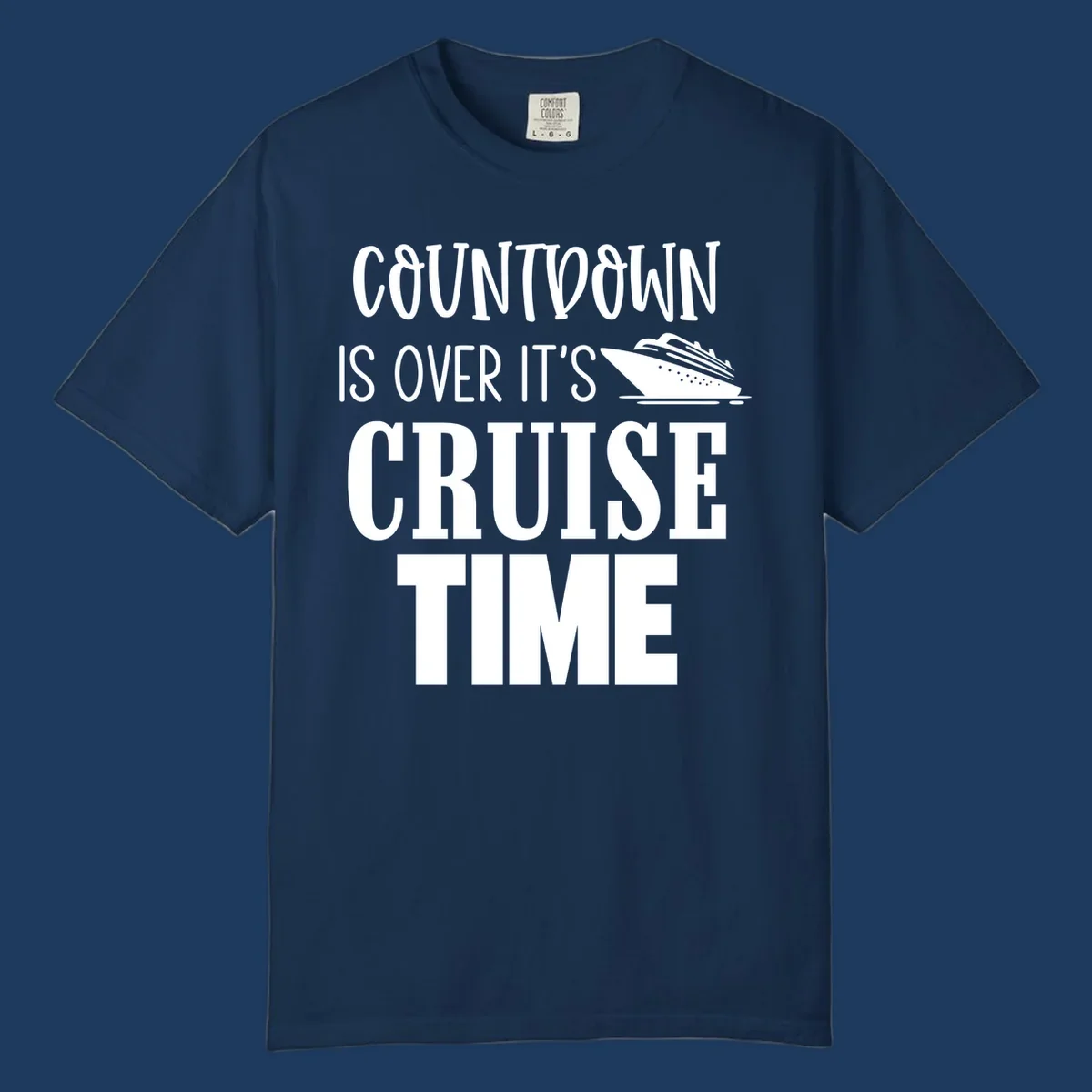 White text reading 'Countdown Is Over It's Cruise Time' with a cruise ship illustration on gray background