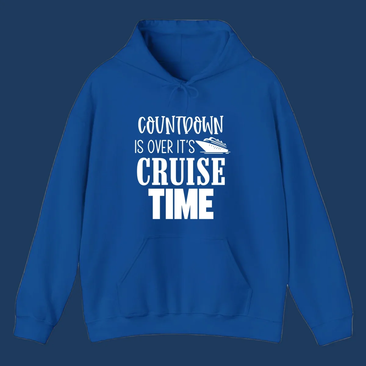 White text reading 'Countdown Is Over It's Cruise Time' with a cruise ship illustration on gray background