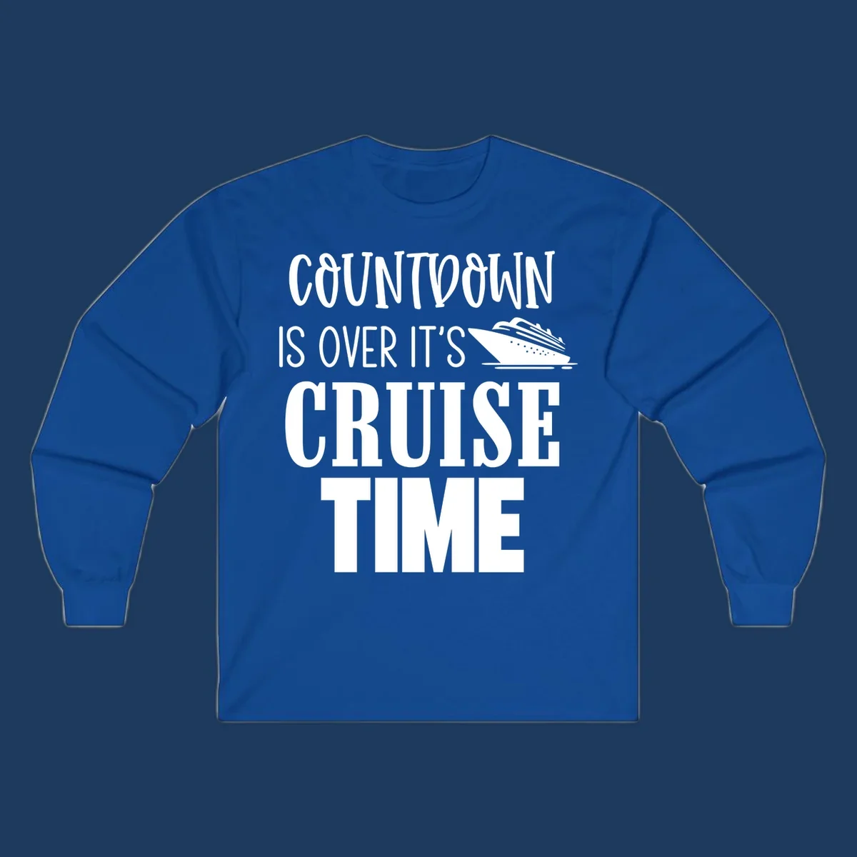White text reading 'Countdown Is Over It's Cruise Time' with a cruise ship illustration on gray background