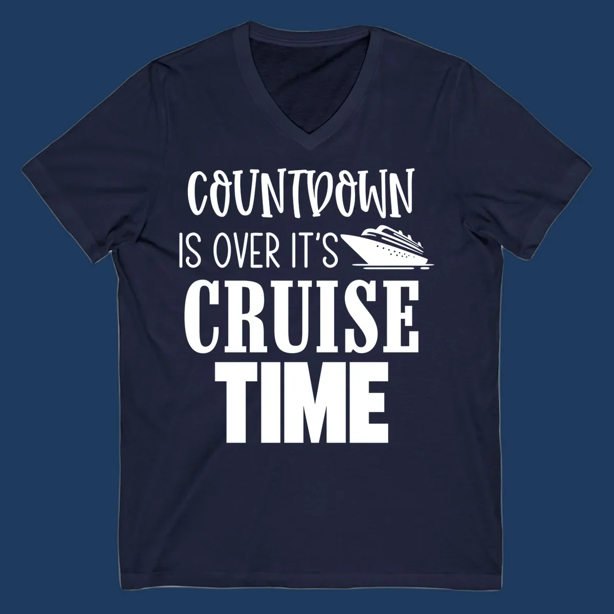 White text reading 'Countdown Is Over It's Cruise Time' with a cruise ship illustration on gray background