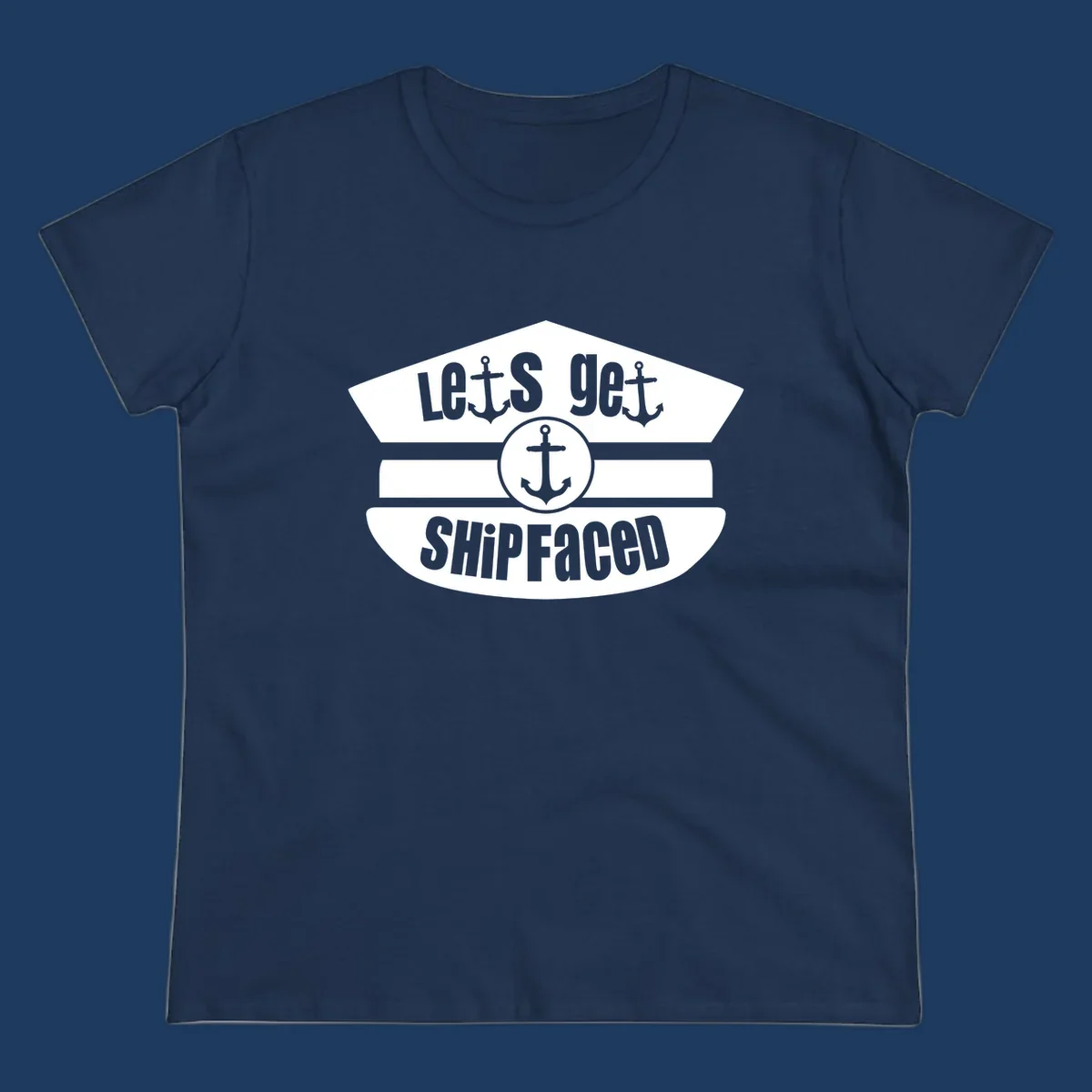 Vintage nautical design with 'Let's Get Shipfaced' text and anchor icons in gray and white