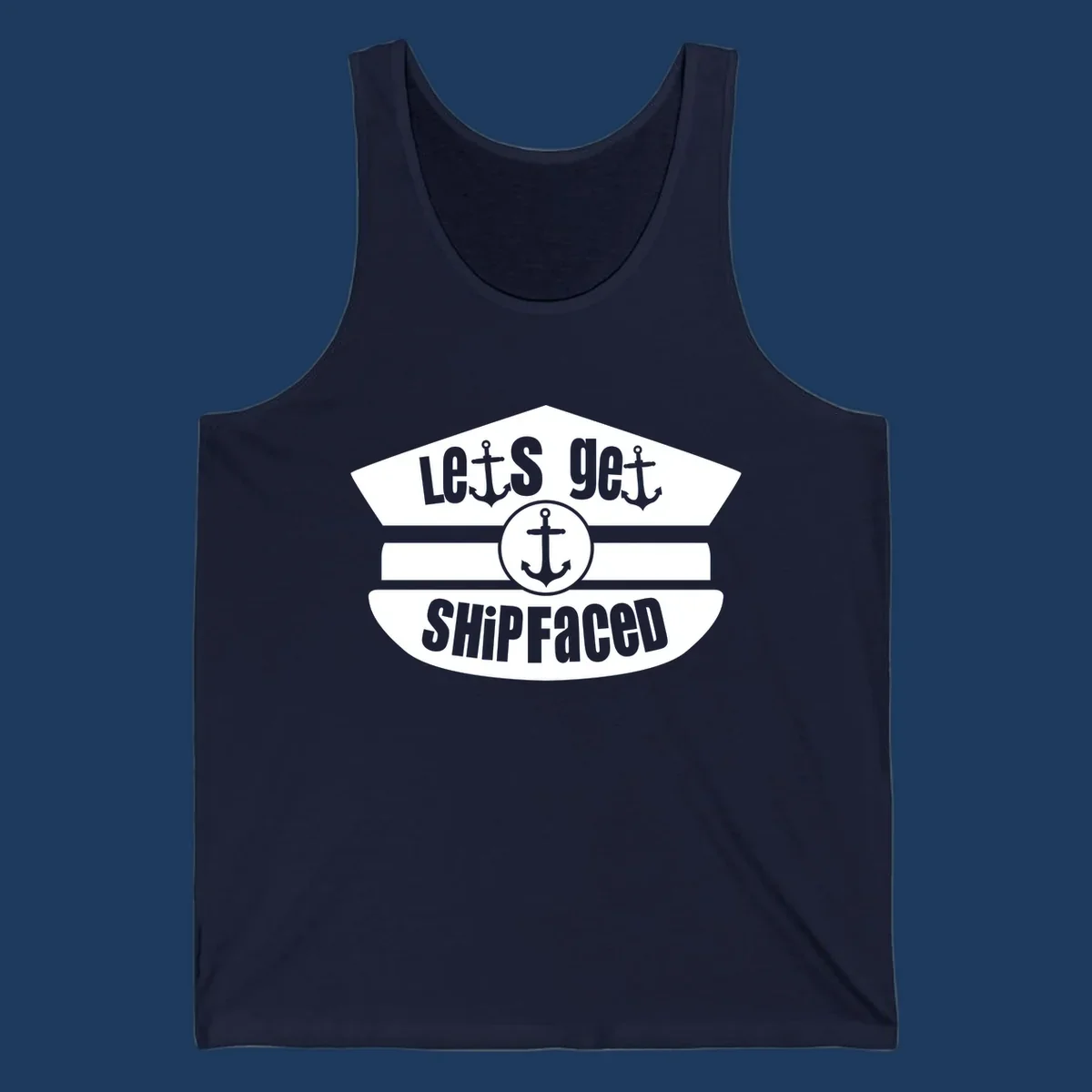 Vintage nautical design with 'Let's Get Shipfaced' text and anchor icons in gray and white