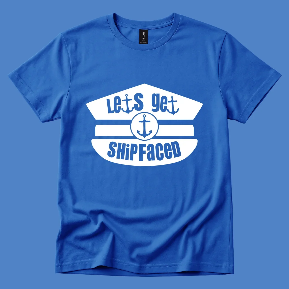 Vintage nautical design with 'Let's Get Shipfaced' text and anchor icons in gray and white