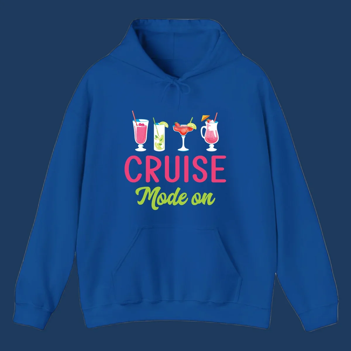 Cruise mode on design with four tropical cocktails and colorful lettering celebrating vacation mindset