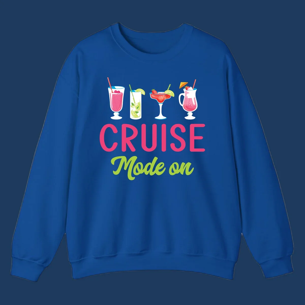 Cruise mode on design with four tropical cocktails and colorful lettering celebrating vacation mindset