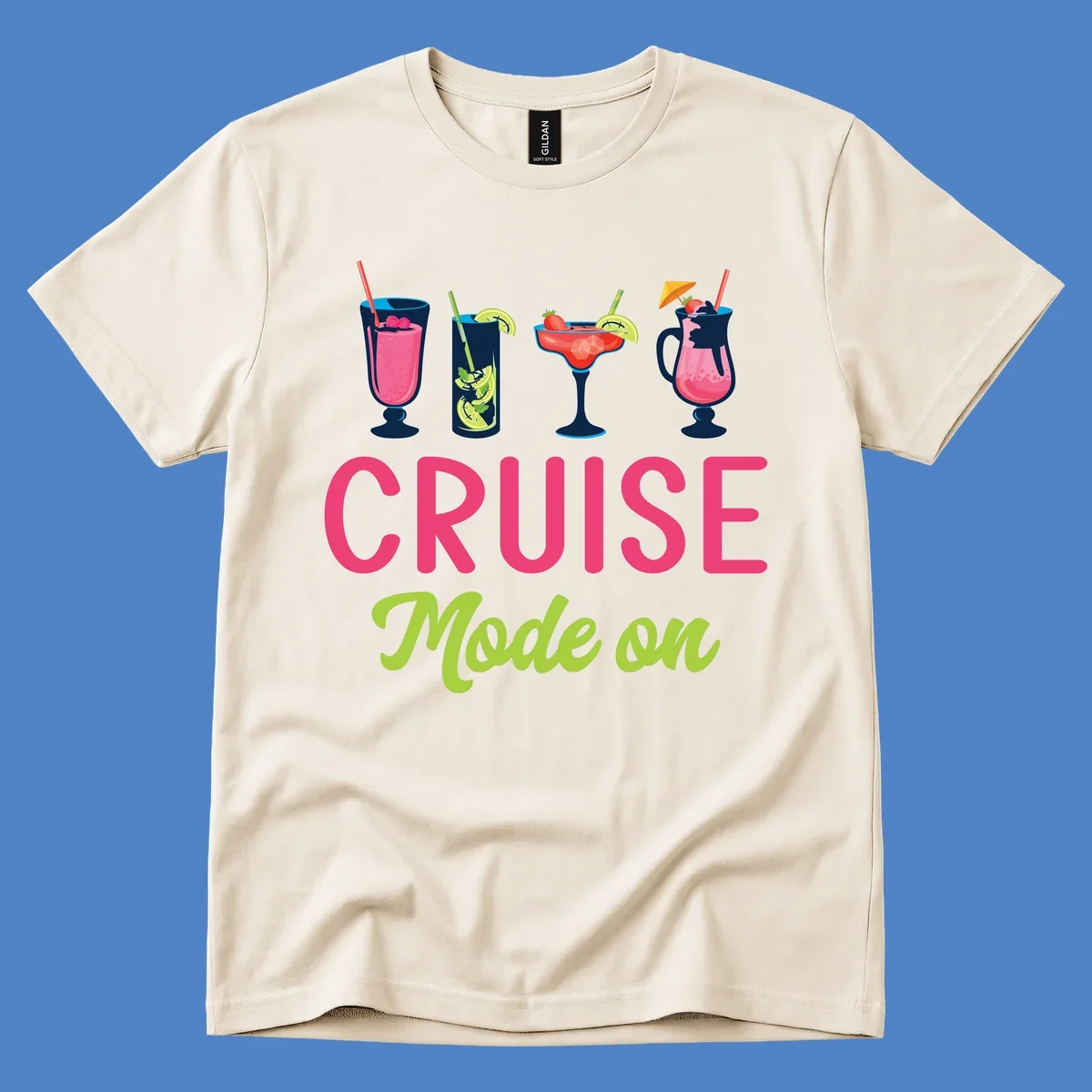 Cruise mode on design with four tropical cocktails and colorful lettering celebrating vacation mindset