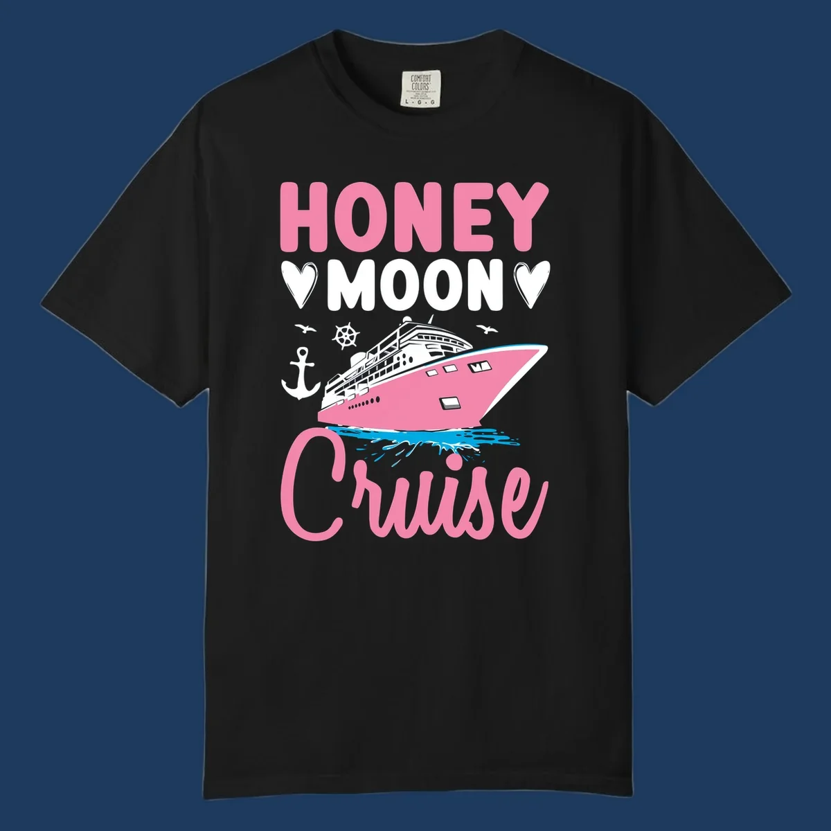 Honeymoon cruise ship design with pink vessel, hearts, anchor, and nautical elements on gray background
