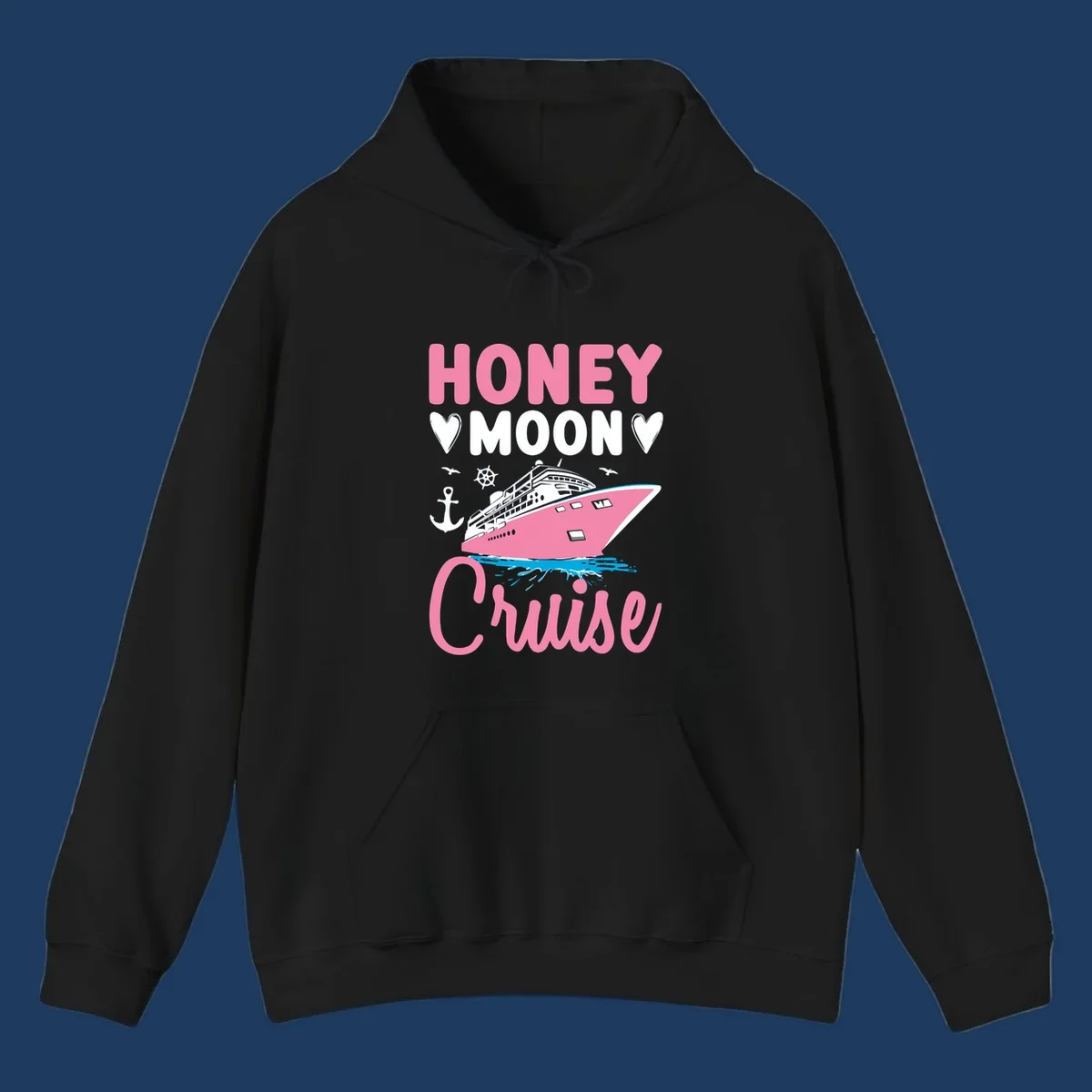 Honeymoon cruise ship design with pink vessel, hearts, anchor, and nautical elements on gray background