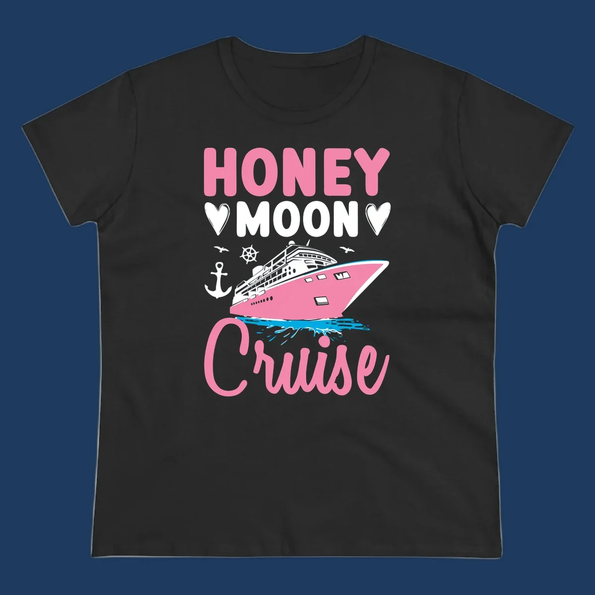 Honeymoon cruise ship design with pink vessel, hearts, anchor, and nautical elements on gray background