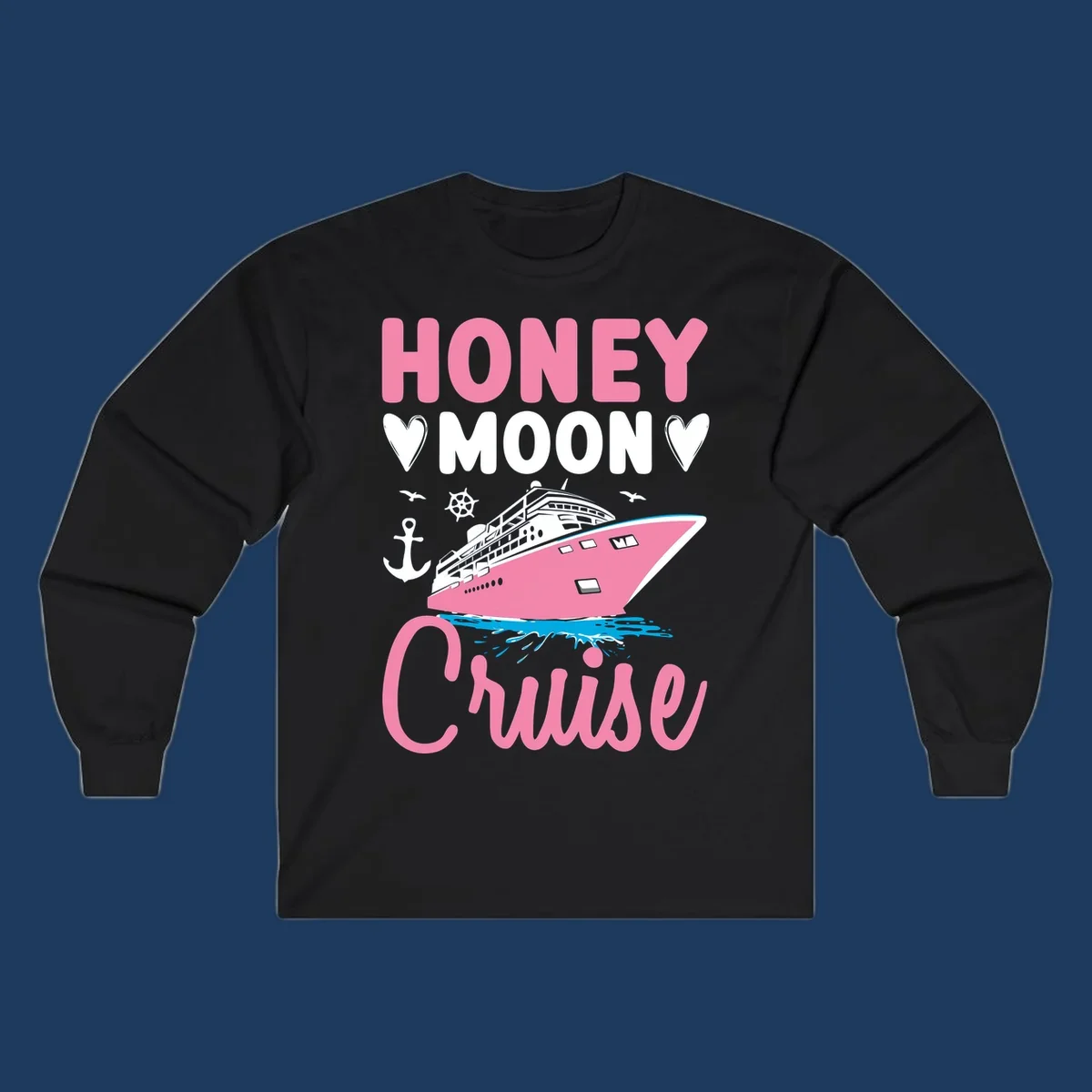 Honeymoon cruise ship design with pink vessel, hearts, anchor, and nautical elements on gray background