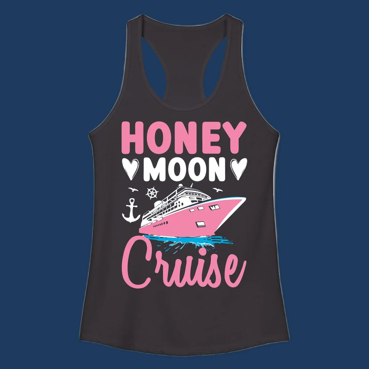 Honeymoon cruise ship design with pink vessel, hearts, anchor, and nautical elements on gray background