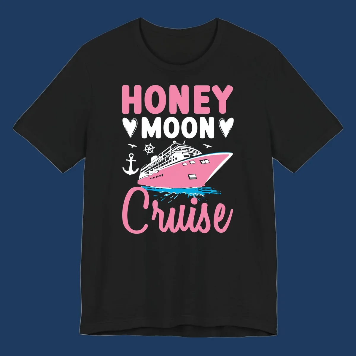 Honeymoon cruise ship design with pink vessel, hearts, anchor, and nautical elements on gray background