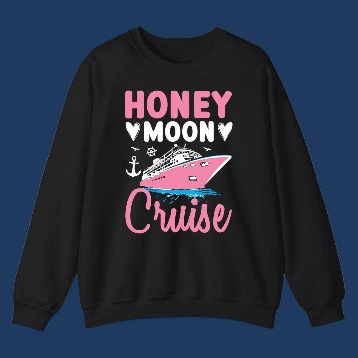 Honeymoon cruise ship design with pink vessel, hearts, anchor, and nautical elements on gray background