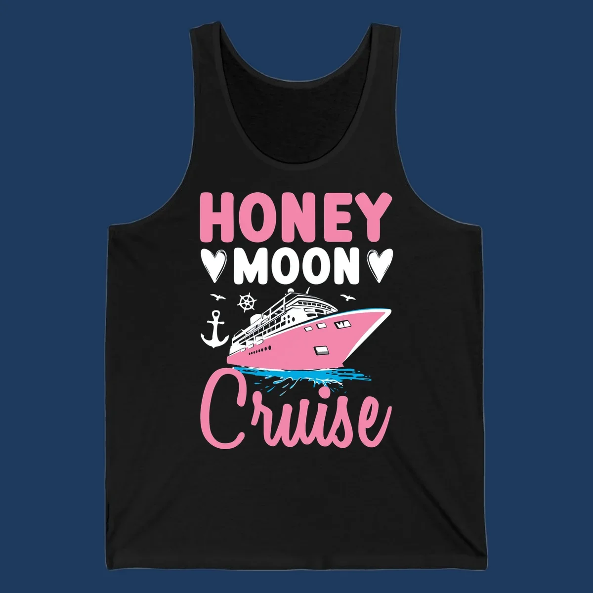 Honeymoon cruise ship design with pink vessel, hearts, anchor, and nautical elements on gray background