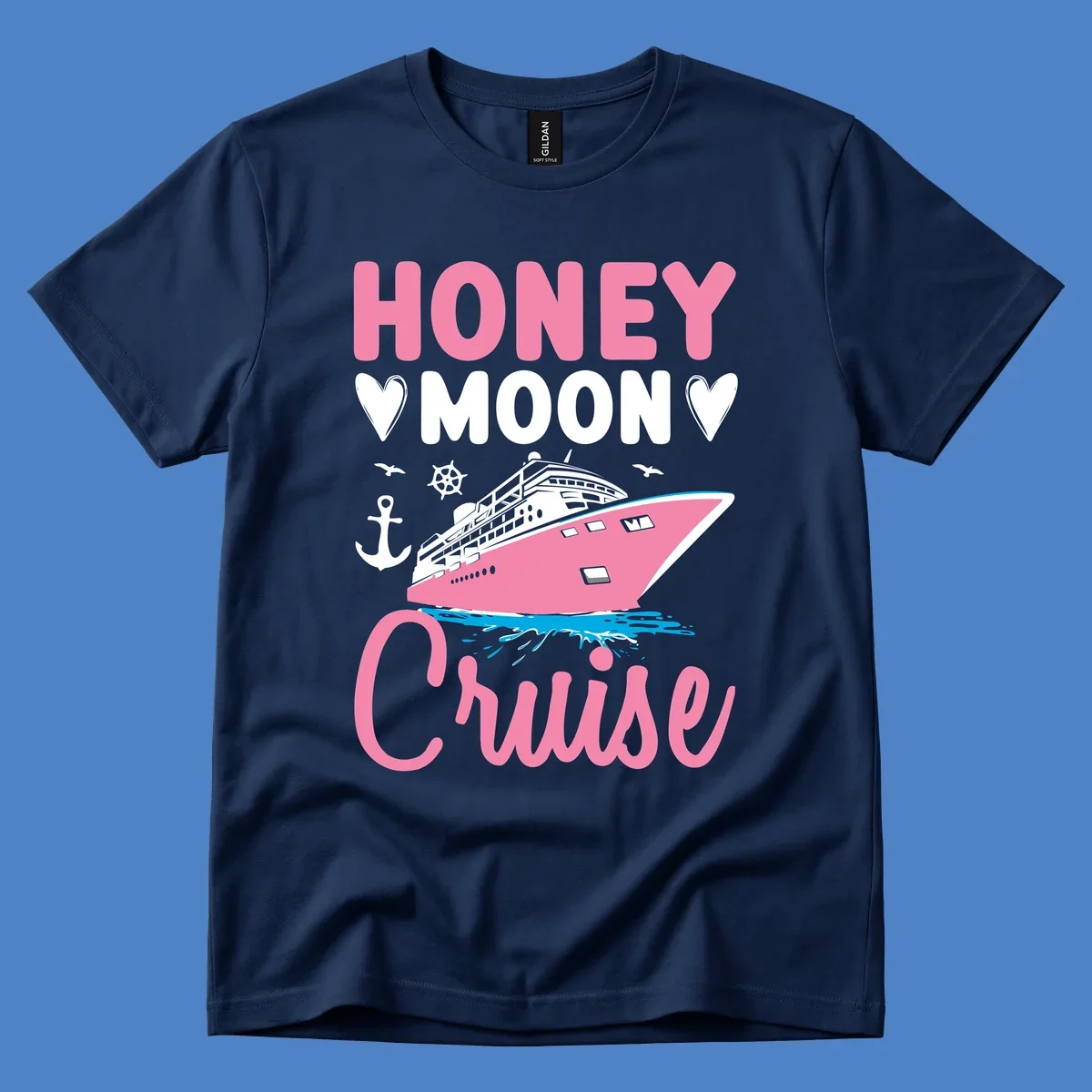 Honeymoon cruise ship design with pink vessel, hearts, anchor, and nautical elements on gray background