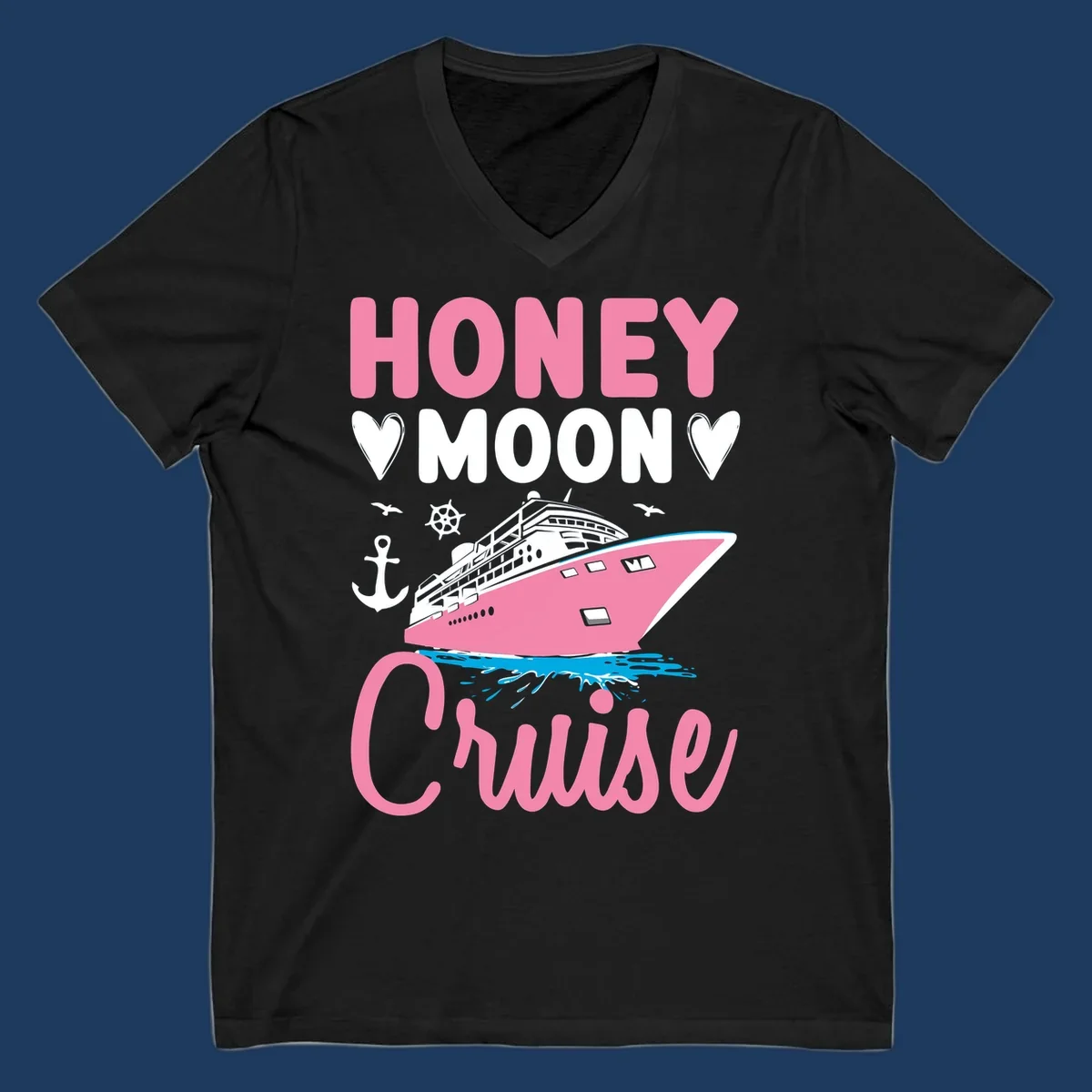 Honeymoon cruise ship design with pink vessel, hearts, anchor, and nautical elements on gray background