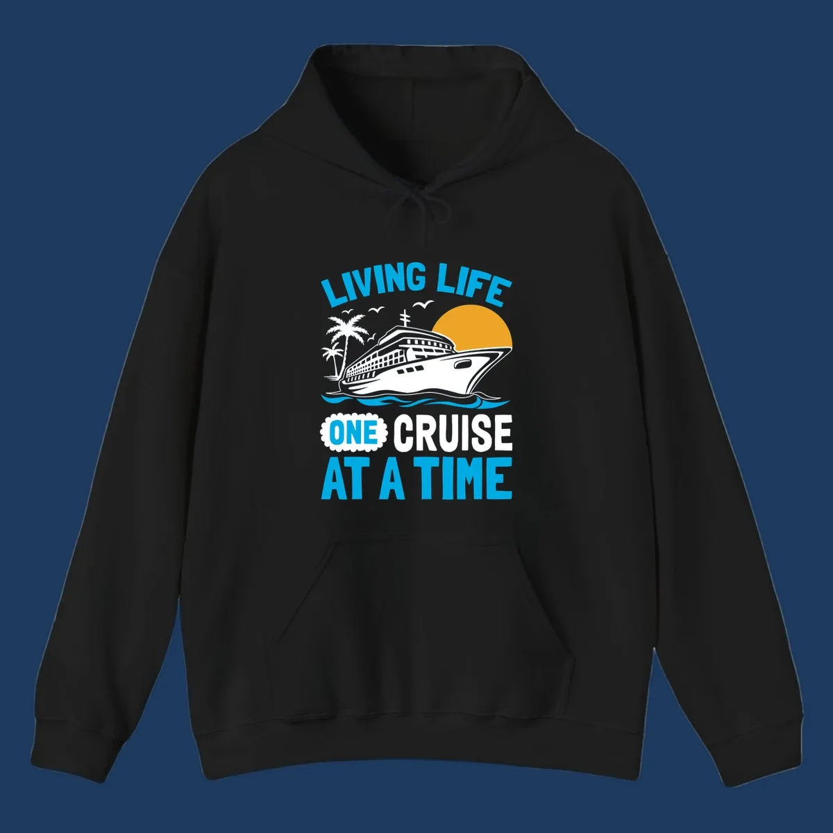 Living life one cruise at a time design with cruise ship, palm trees, sun, and ocean waves in cyan, white, and gold