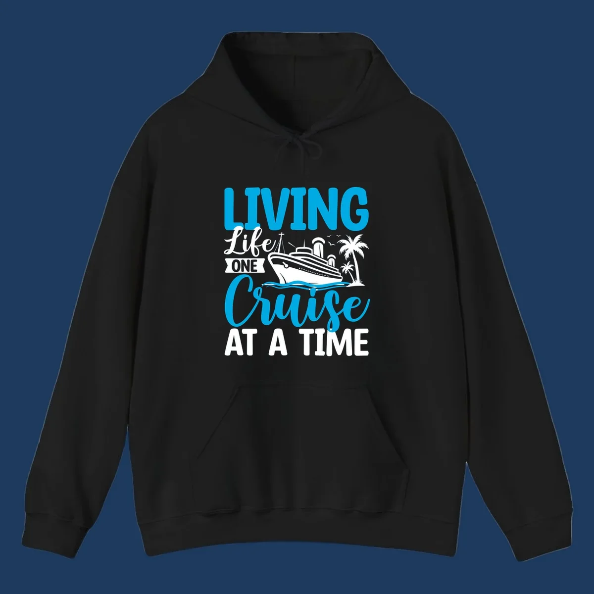 Cyan and white illustrated design with cruise ship, palm trees, and ocean waves, text reads 'Living Lifet One Cruise At A Time'