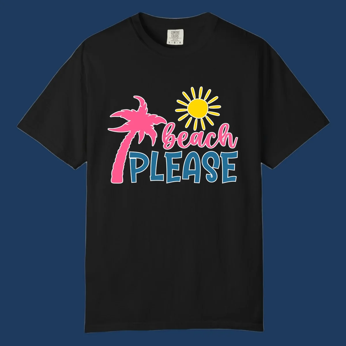 Beach please tropical design with hot pink palm tree, yellow sun, and text on gray background