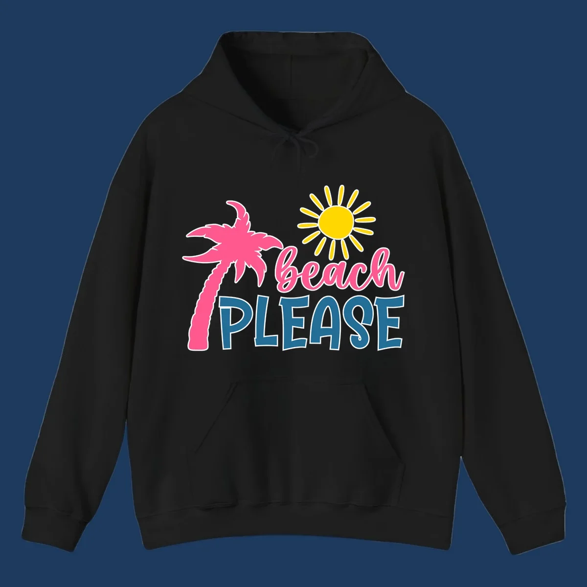 Beach please tropical design with hot pink palm tree, yellow sun, and text on gray background